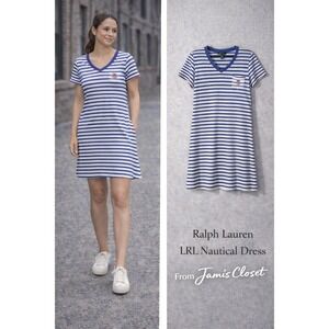 Lauren Ralph Lauren Blue White Striped T-Shirt Dress Nautical Women's Large